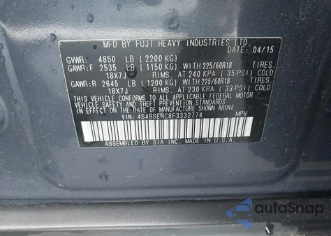 2015 Subaru Outback 3.6R Limited from USA, damaged, VIN 4S4BSENC8F3332774